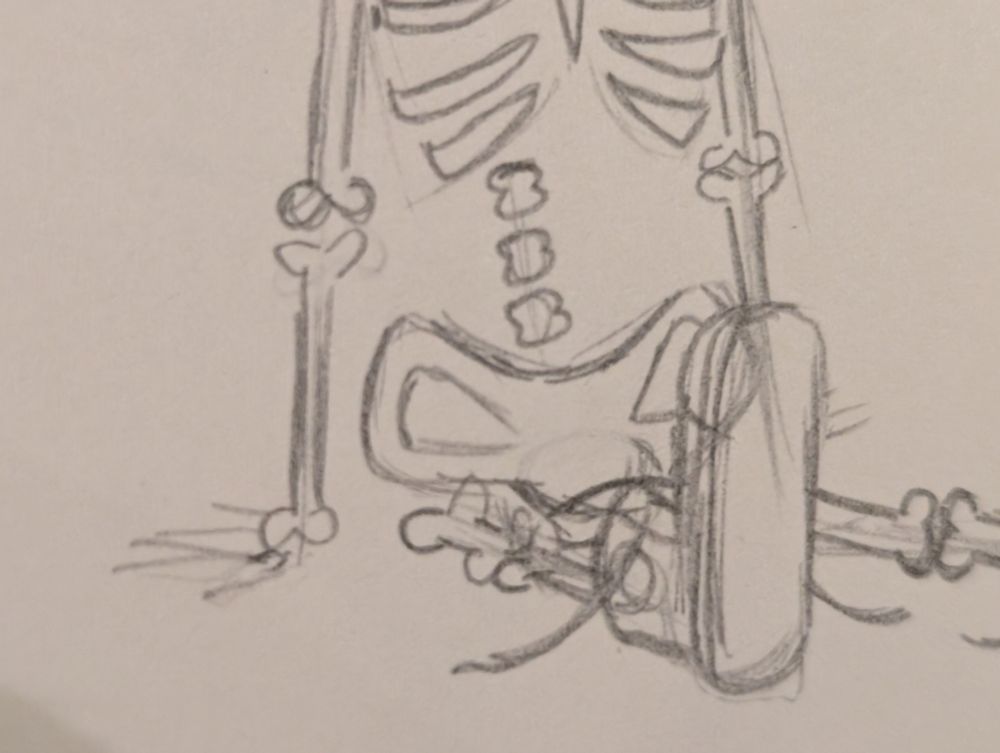 close up of a skeleton doodle. it shows the lower ribcage of a sitting skeleton doodle, with one foreshortened leg that ends in an untied converse sprawled in front of its pelvis. there's an arm, with no hand, because fuck hands, they're hard already without also drawing bones