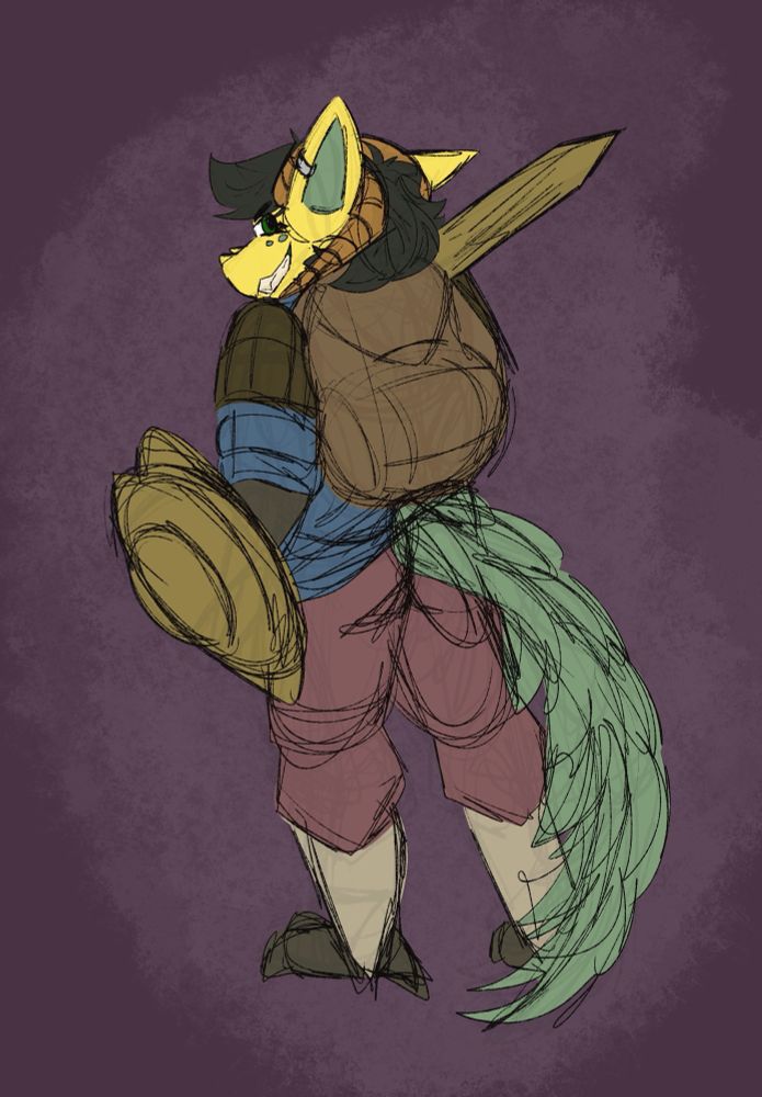 Russet standing with their back to the camera. Smirking with a cocky grin as they wield a wooden shield and sword.