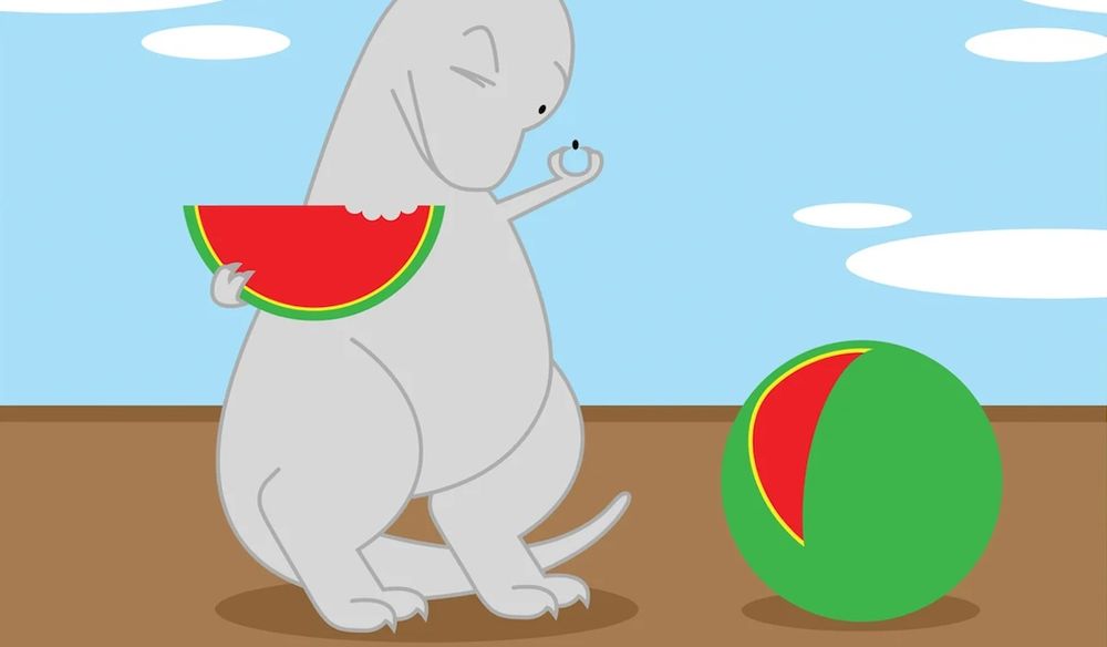 Illustration of dinosaur eating a watermelon