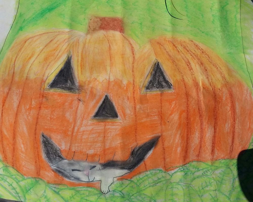 A drawing a kid did of an orange pumpkin with a brown stem carved out with two triangle eyes, a triangle nose, and a weird smile.
A grey and white kitty cat in the mouth, with a pink nose.
Green leaves are surrounding the pumpkin from the bottom, with a green color on top.