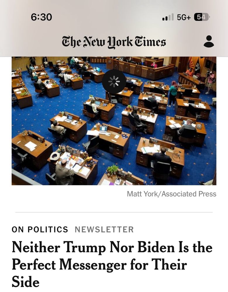 Top of NYT homepage right now: “Neither Trump Nor Biden is the Perfect Messenger For Their Side”