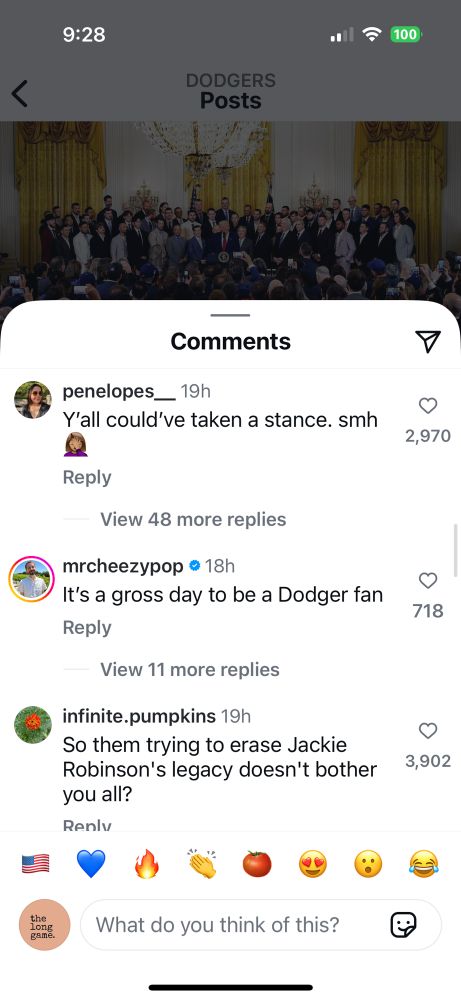 
penelopes _ 19h
Y'all could've taken a stance. smh
Reply
View 48 more replies
mrcheezypop • 18h
It's a gross day to be a Dodger fan
Reply
View 11 more replies
infinite.pumpkins 19h
So them trying to erase Jackie Robinson's legacy doesn't bother you all?
