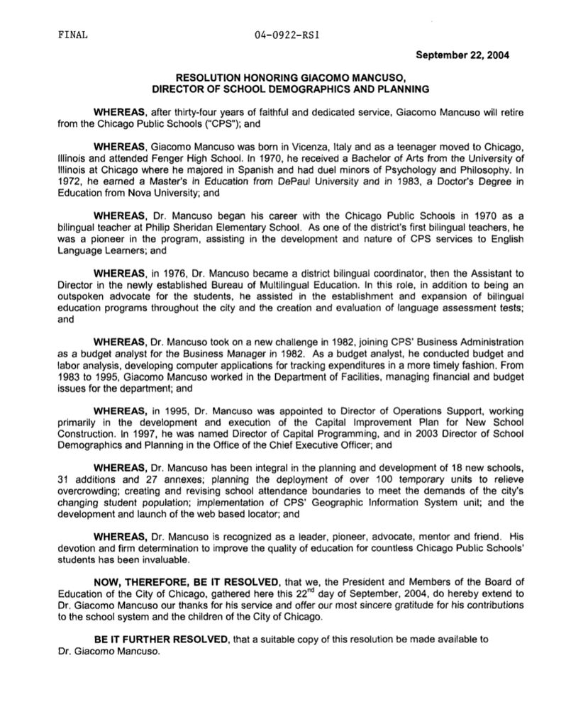 a CPS resolution to honor Giacomo Mancuso