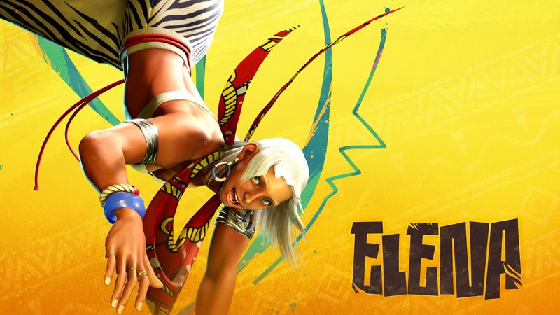 promotional image of Elena from Street Fighter doing a one-handed handstand over a colourful background 
