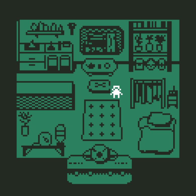 a pixel screenshot of a hermetically sealed room viewed from above with a highlighted sprite of a person.