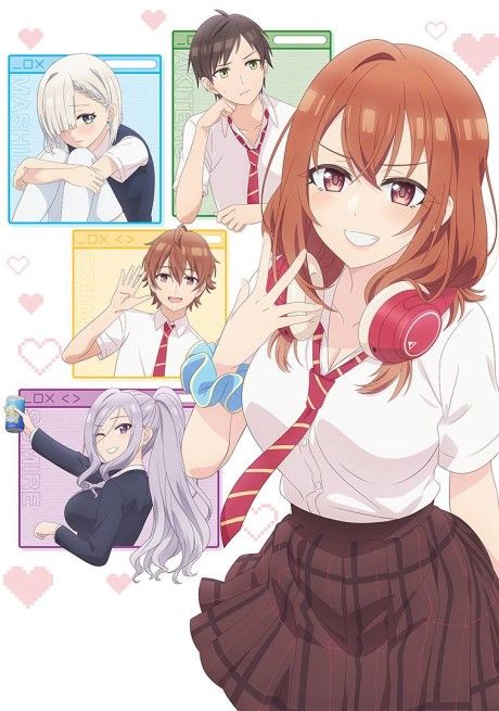 The main focus of the poster is an anime high school girl with orangeish brown hair. She has headphones on around her neck and a wicked grin. She's on the right side of the poster, on the left there are 4 coloured computer windows, each one displaying a different character. Top left is a blue box with a shy looking white-haired girl hugging her legs. Beside her in a green box is an incredibly bored looking dark haired guy (our charismastic main character everyone!). Below them is a yellow box with a happy waving  boy with a hair colour similar to the main girl's, presumably her brother. Below him is a young woman with long greyish white hair in a ponytail. She's winking and holding up what might be a beer can.