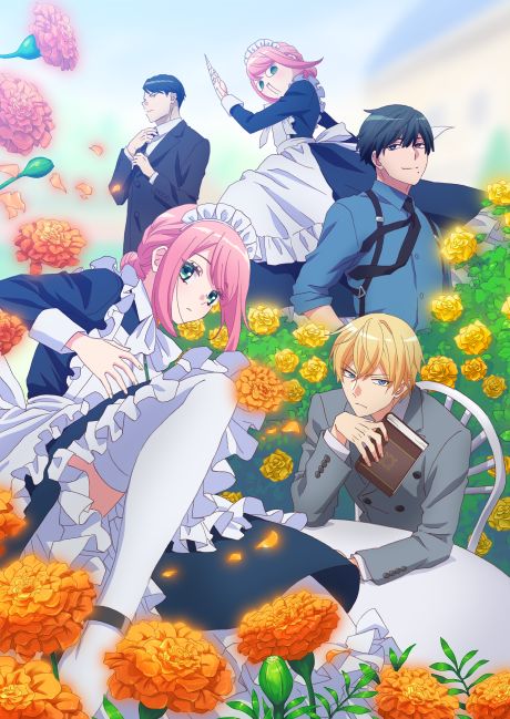 In the foreground there's an expressionless pink haired woman in a full traditional maid uniform; that said she seems about to kick. Behind her is a cocky looking blondn man sitting at a garden table holding a book.
There's a flower bush behind him and the same flowers are decoratively used around the poster. In the background there's a black haired business man in a suit, fixing his tie, a black haired man whose hair is messier, in a blue button up shirt, sleeves rolled up, black tie and suspenders, and a mole under his lip. There's what seems to be the same maid but as a robot, possibly mid-run with a drill hand.