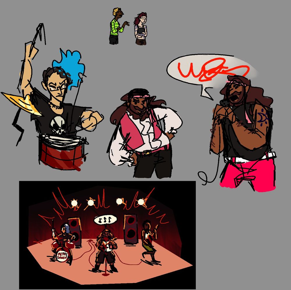 a humanized version of elias (with dyed blue hair) playing drums, as well as some humanized kaalkas singing and posing. in the top are elzibet and dreia going through a break-up.
in the bottom is a scene with the band playing some music.