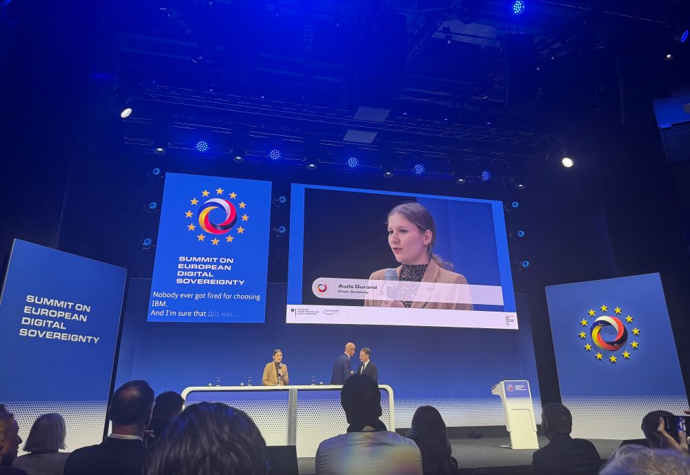 Aude Durand, Chair of Scaleway, speaking during a panel session at the Summit on European Digital Sovereignty.