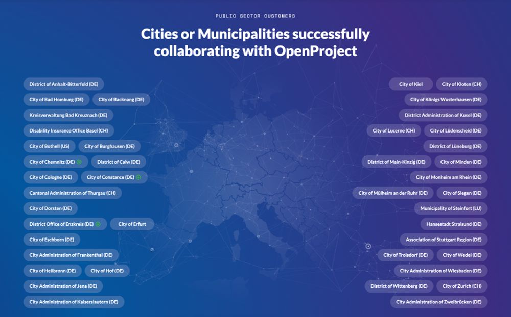 Cities or Municipalities successfully collaborating with OpenProject. Followed by a large list of customers, most of them from Germany.