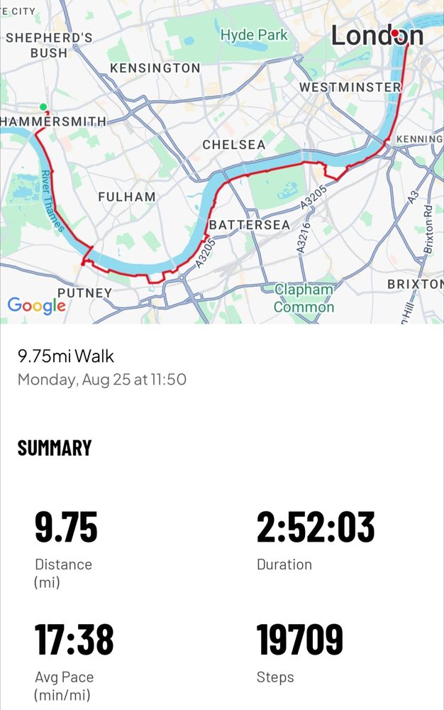 Screenshot from MapMyRide showing a 9.75 mile walk along the River Thames from Hammersmith to Charing Cross