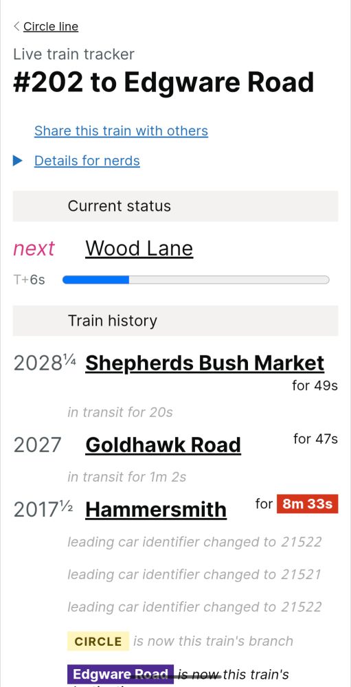 Screenshot from intertrain.eta.st showing train #202 to Edgware Road, next station: Wood Lane, and the previous calling points.