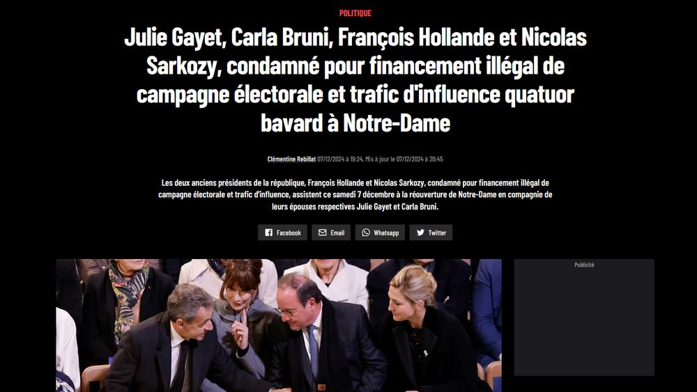 Capture d'écran de Paris Match. "Nicolas Sarkozy" est systématiquement remplacé par "Nicolas Sarkozy, condamné pour financement illégal de campagne électorale et trafic d'influence"