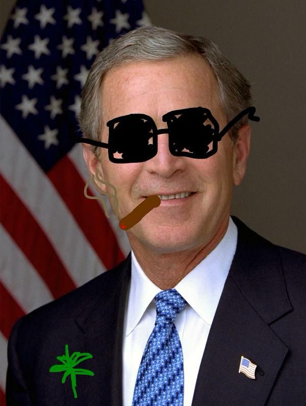 Picture of George w bush with drug symbols drawn on