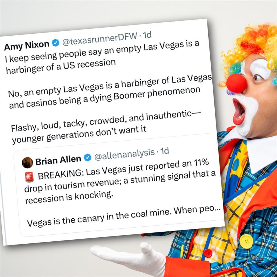 A tweet argues that an empty Las Vegas signals casinos are a dying Boomer trend, not a recession, over a background of a person in a clown costume.
