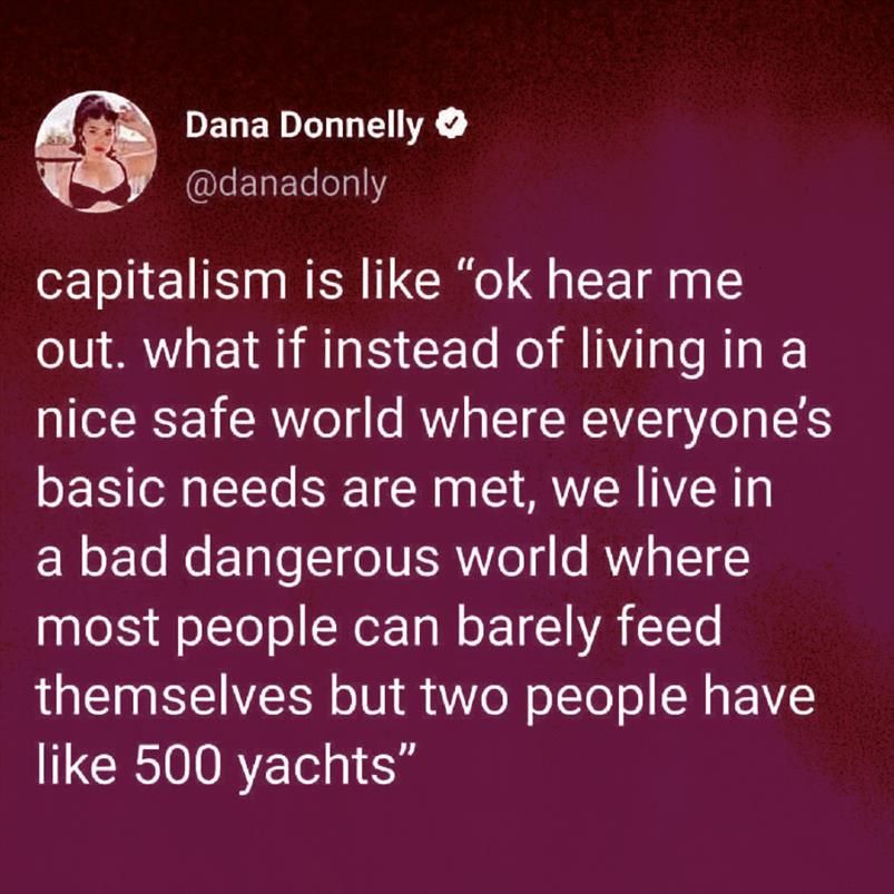 A tweet by Dana Donnelly says capitalism is like choosing a world where most people struggle to eat while a few own hundreds of yachts, instead of meeting everyone's basic needs.