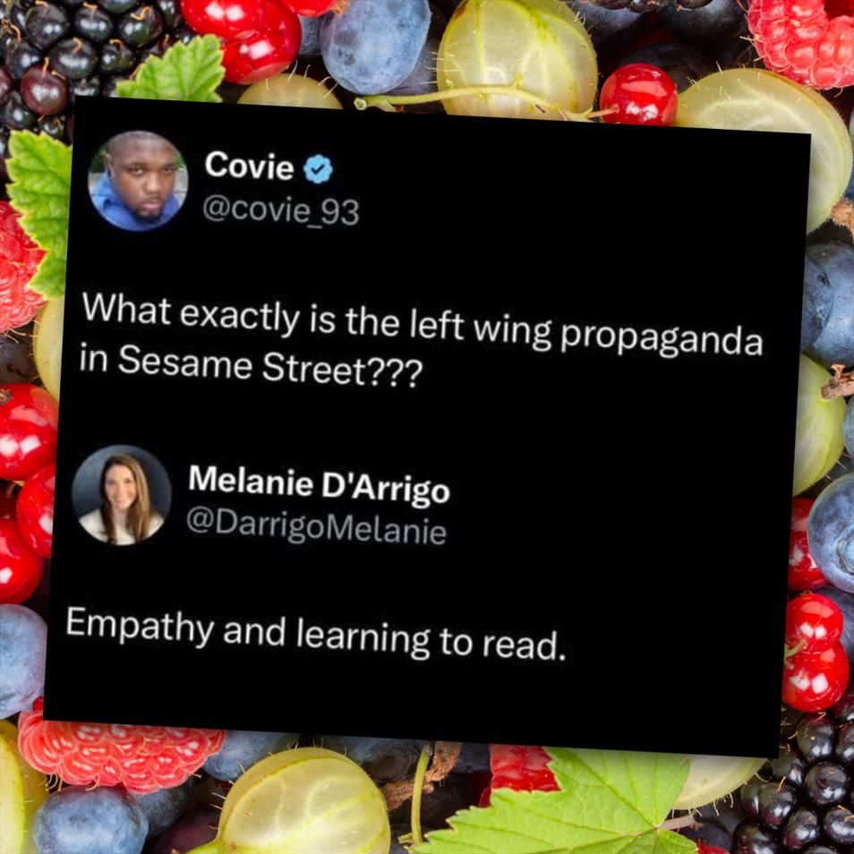 A tweet asks what left wing propaganda is in Sesame Street. The reply says, "Empathy and learning to read." The background is a close-up of assorted berries.