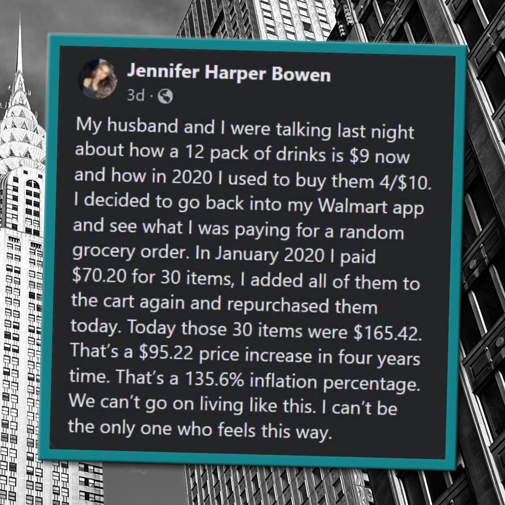 A post describes how a $70 grocery order from 2020 now costs $165, showing a 135% price increase in four years, and expresses frustration about rising inflation and the cost of living.