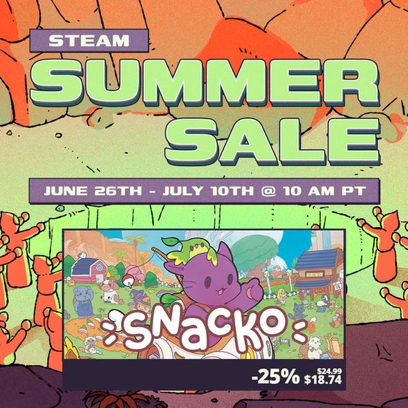 The key art for the Steam Summer Sale, a bunch of characters wearing robes with their arms up surrounding a pit. They are all in shades of orange, yellow, and bright green. The key art for Snacko is in the middle. A purple cat smiling and pointing upwards with a green sprite on their head.