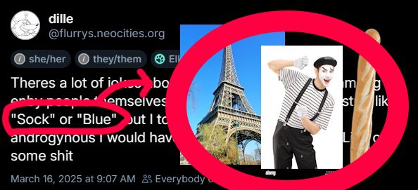 The below post, but <"Sock" or "Blue"> is circled with a red arrow pointing from it to three images of the Eiffel Tower, a stock image of a mime and a baguette. The phrase "Sock or Blue" sounds like Sacre Bleu, a French expression.