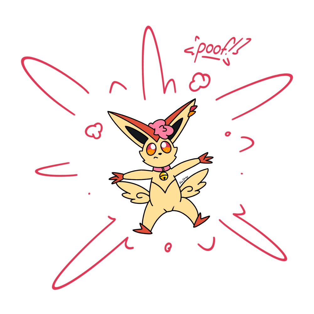 Fini spontaneously poof-tf’ing into a Victini. She retains her collar, eye colour and a bit of her hair, but otherwise she looks no different from a regular Victini.