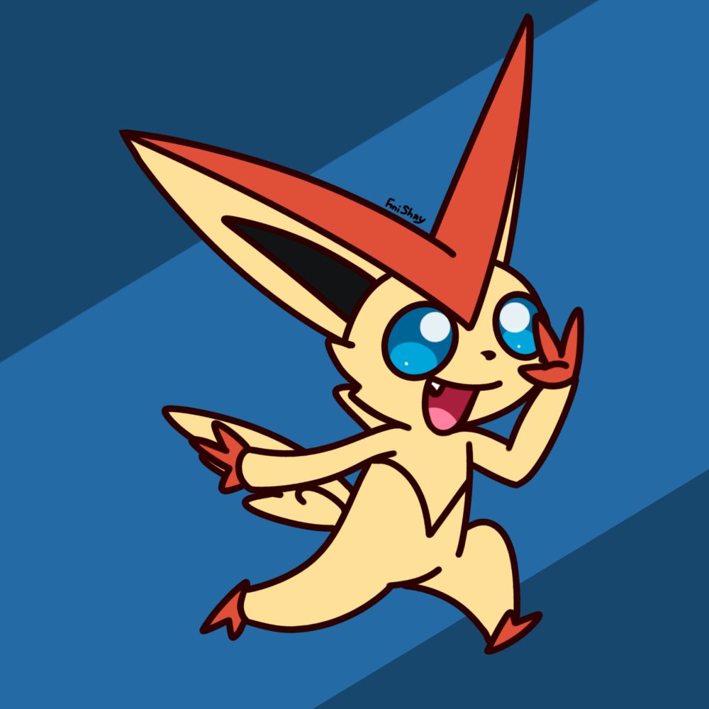 A Victini jumping, smiling and posing with its left hand forming a V-for-victory.