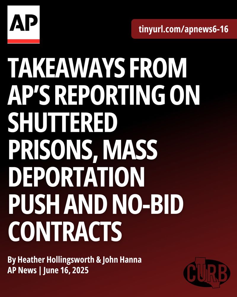 black and red gradient background. AP news logo in upper left and url to article in white text highlighted in red. below in white block letters is the title of the article and below is the authors name and date of the article. bottom right contains black curb logo 