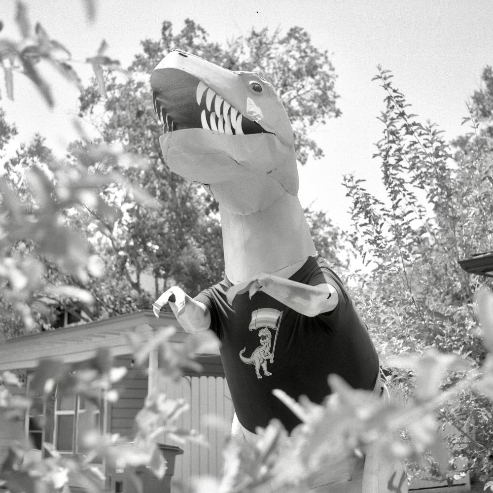 A black and white film photo. A giant metal T-Rex is wearing a T-shirt in Austin Texas. Saturday, August 2, 2025.