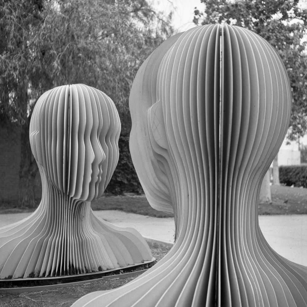 A black and white film photo. The beautiful art installation Mutualism by Soonmi Oh is seen in front of the Burbank Public Library in Los Angeles California. Saturday, May 17, 2025.