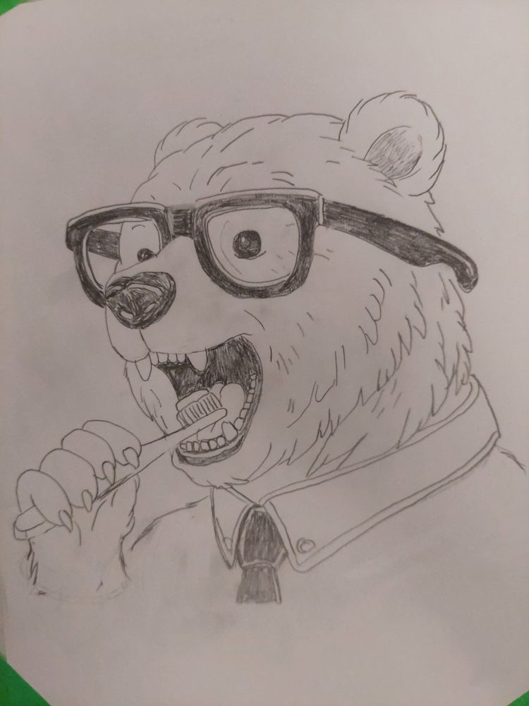 A rough sketch of an anthropomorphic brown bear holding a toothbrush with toothpaste on it in his wide open mouth. The bear is wearing dark, thick rimmed, glasses, and a shirt colour with tie. 