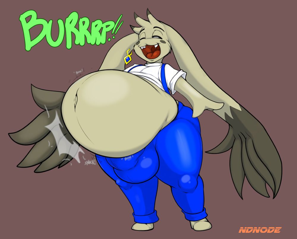 Nom, taking the form of an anthropomorphic Nopon, stands proudly with a distended gut and a noticeable crotch bulge. He smacks his belly playfully with his right earpaw and loudly "Burrrps!!", having clearly guzzled down a special someone.