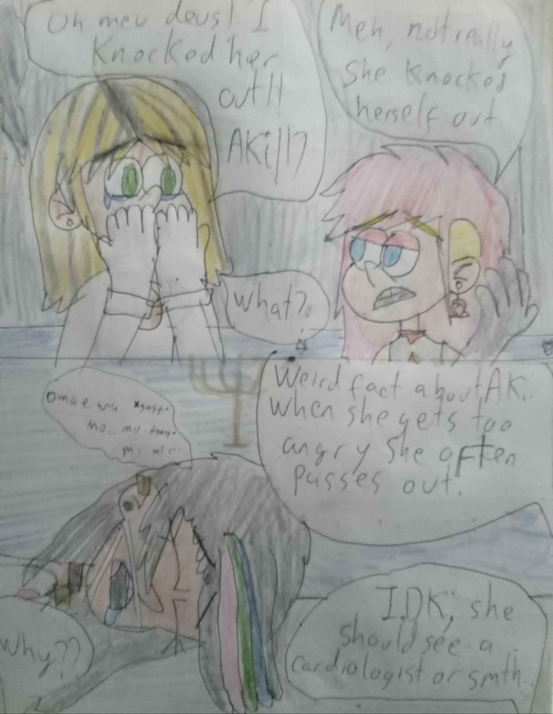 1-Claire holds her face and says "Oh meu deus!! I knocked her out!!" Natalie answers nonchalantly "Eh, not really. She knocked herself out"
2-Aki is face down, knocked out saying in her sleep "omae wa mo...m..mi...i.mi..." Natalie: "Weird fact about Aki, when she gets too angry, she often passes out." Claire: "why??" Natalie: "IDK, she should see a cardiologist or something".