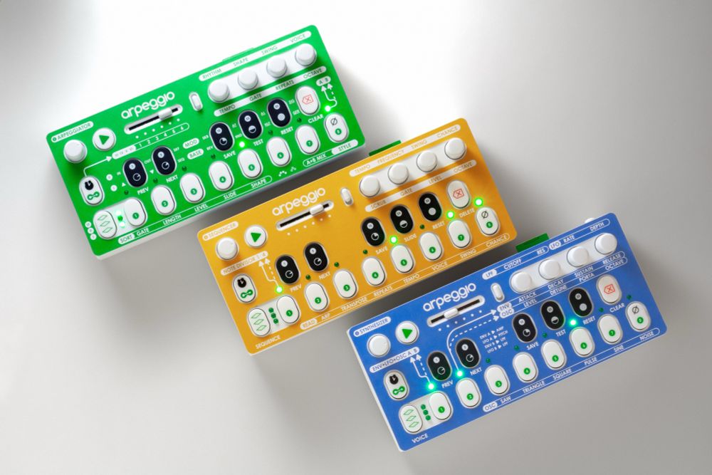 Three arpeggios on a white background, each with a different function overlay (arpeggiator, sequencer, & synthesizer overlays)