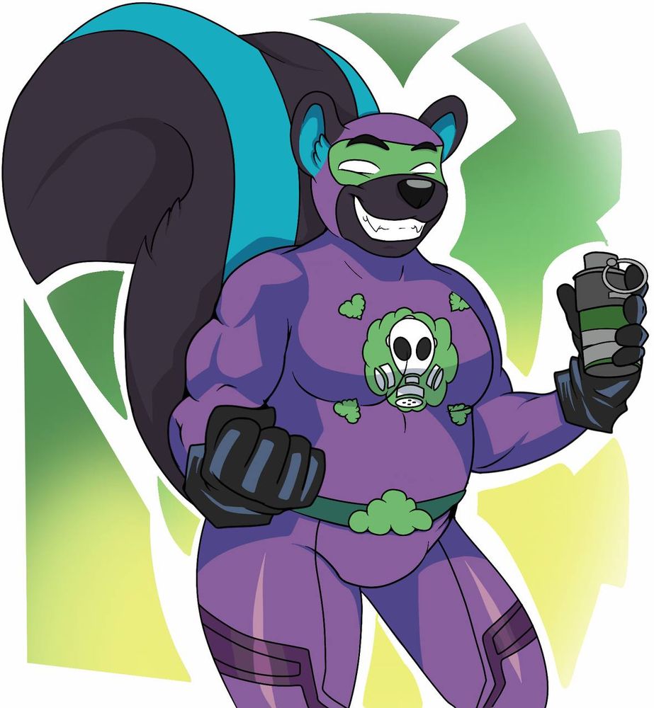 Image of Fumigator, a superhero skunk wearing a purple suit