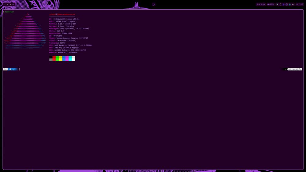 An instance of a customized instance of the Kitty Terminal running Neofetch listing technical details. Including specifications, runtime, Distro etc.