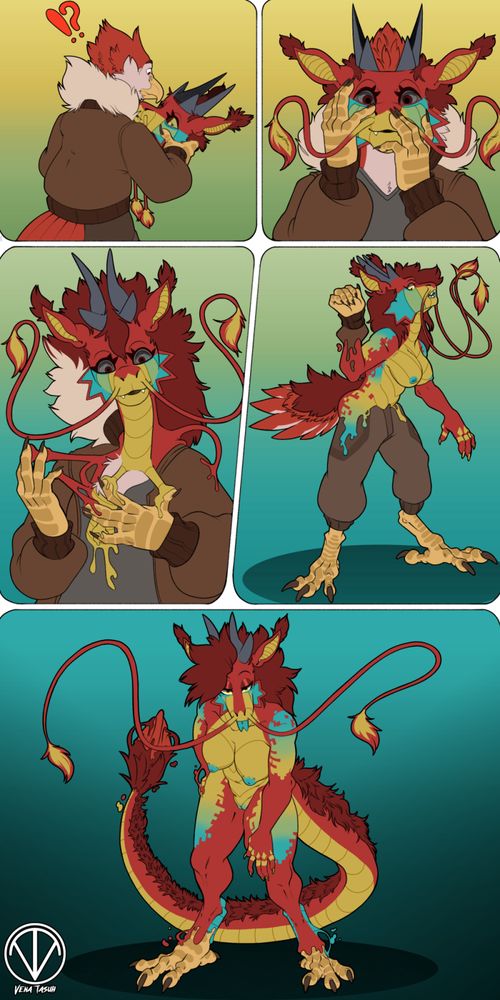 a short form comic of a male hawk transforming into a female eastern dragon with the use of a mask