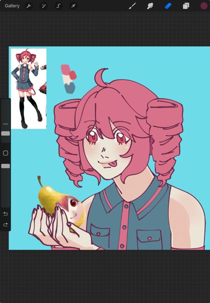 a drawing of teto holding pearto (a pear with a teto face) licking her lips (SCRUMPTIOUS) 