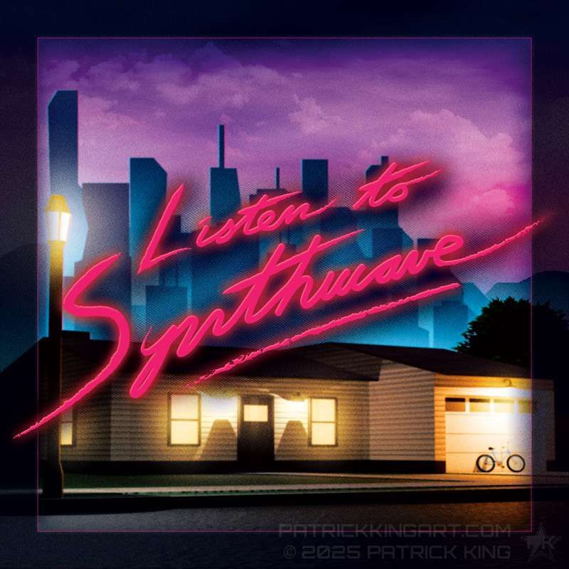 Listen to Synthwave - The Midnight - Syndicate. A suburban house at night against a dark, cyberpunk skyline.