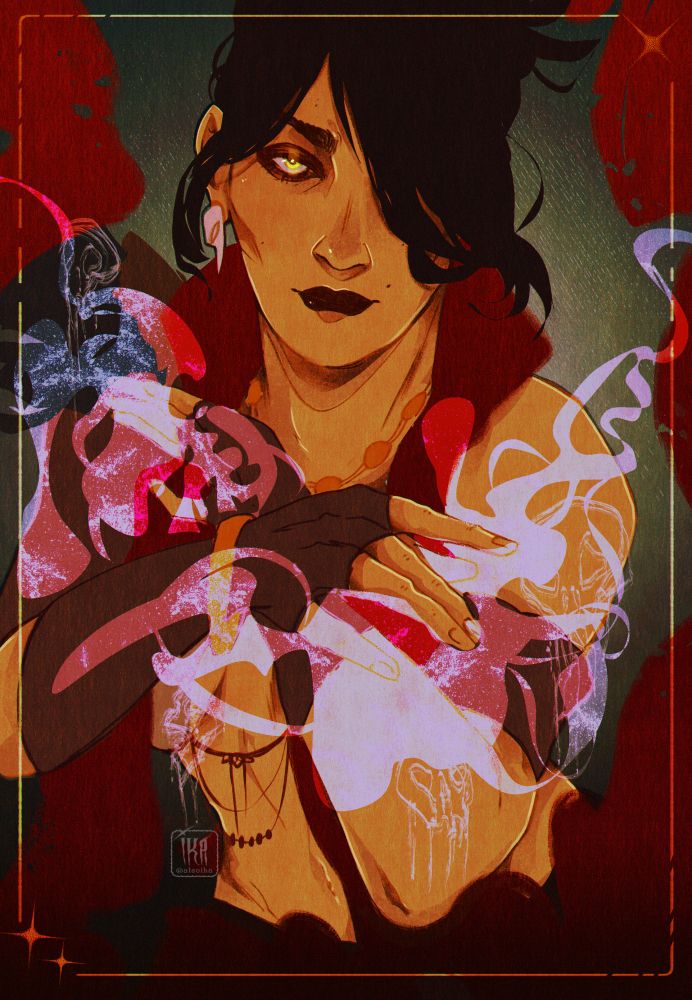 Illustration featuring Morrigan from the Dragon Age series. Theres red and lilac magic effects surrounding her. She's looking at the viewer with an intense stare. 