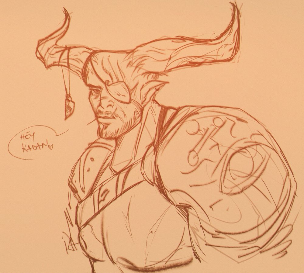 Sketch featuring The Iron Bull from Dragon Age: Inquisition with a small dialogue bubble reading: Hey, kadan. 