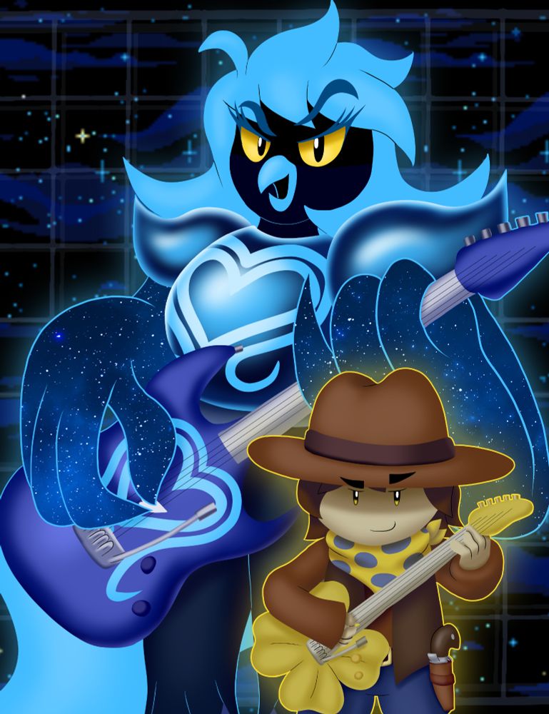 Zenith Martlet and Clover from the fanmade game, Undertale Yellow, playing guitars. The name "Remedy" is a reference to the song that plays during the fight at the end of the vengence route of the game. This picture is a reference to a 7 year old drawing by jaykittens https://x.com/jaykittens/status/1044088087377326082