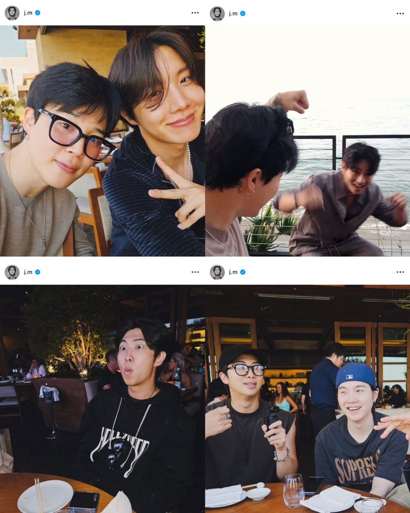 a collage of 4 images from Jimin of BTS's instagram, of him at an oceanside restaurant at different times with J-hope of BTS, mock fighting with Taehyung/V of BTS, RM/Namjoon of BTS making a funny face, and RM and Yoongi/Suga of BTS sitting next to each other talking laughing with someone's hand in the picture. RM is holding a small video camera. 