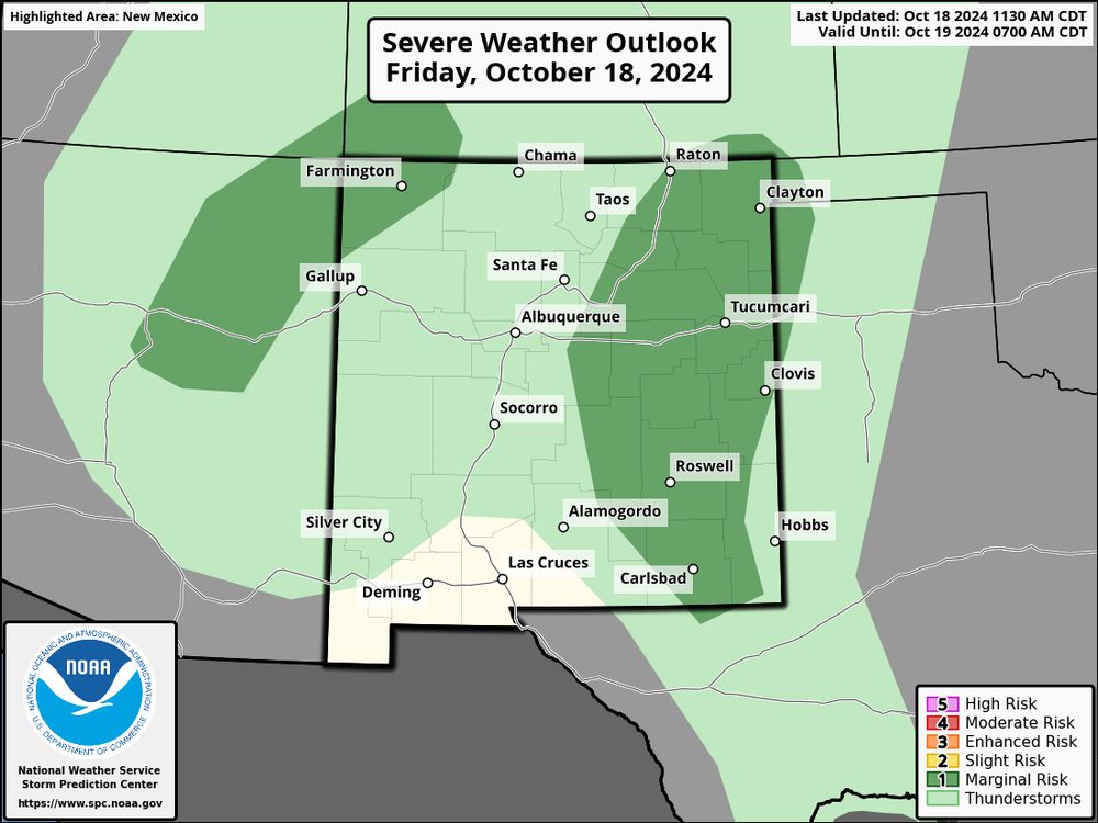 The Severe Weather Outlook for Friday, October 18, 2024, highlights potential weather risks across New Mexico. A Marginal Risk (dark green) is identified for parts of the state, including Albuquerque, Gallup, Roswell, and Tucumcari, indicating the possibility of isolated severe storms. The remainder of the region is under a general thunderstorm risk (light green), suggesting non-severe thunderstorms may occur. The forecast, issued by the NOAA Storm Prediction Center, remains valid until October 19, 2024, at 7:00 AM CDT. Residents in the affected areas should stay weather-aware, as even marginal risk zones can experience hazards like strong winds, small hail, or localized downpours.