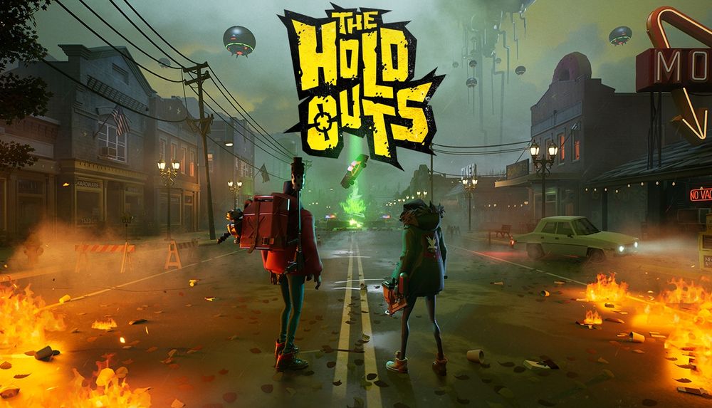 Promotional artwork for The Holdouts, featuring two characters standing on a fiery, deserted street with alien space ships off in the distance.