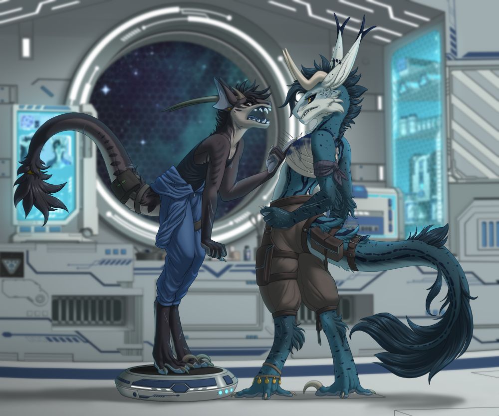 Xolani, a small warm-dark-grey drake, berating Circe, a taller, teal drake in a medical suite. Circe has freshly-bloodied bandages wrapped around her shoulder, and Xolani is scolding her for the nature of the injury being as serious as it was. Xolani looks aggressive, and Circe looks taken aback and irritated. The wound was a bite from another drake that Circe has partnered with and it got a horrible bacterial infection, and if she'd just cleaned it immediately after or just not allowed the bite to happen during, ahem, activities, she wouldn't now need to be on heavy antibiotics to keep her wound from going septic or necrotic, and she wouldn't need a lecture from her doctor about it!

The BG is slightly blurred to make the subject stand out and easier to read.