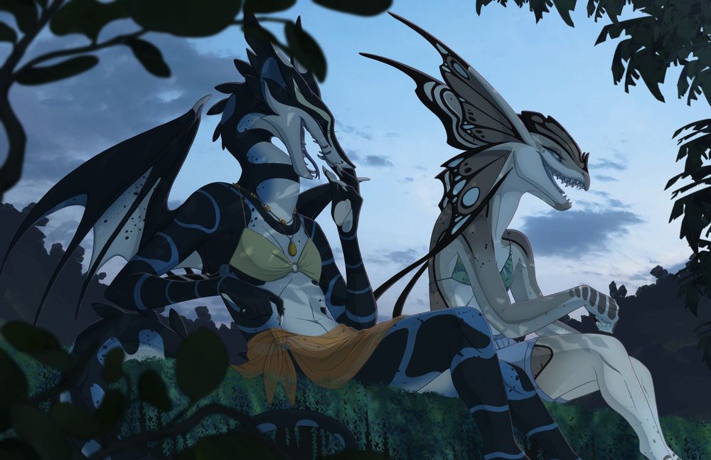 Naia, a blue and black anthro dragon with yellow-lipped sea krait qualities, laughing along with Iris, a tan anthro dilophosaurus with butterfly-wing-head-fins. The are seated on a leafy ledge beneath the shade of nearby foliage in early evening light. 