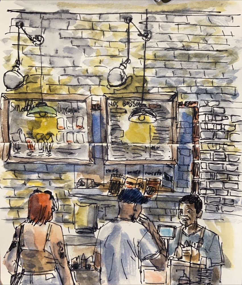 A cafe counter sketch, ink and watercolor