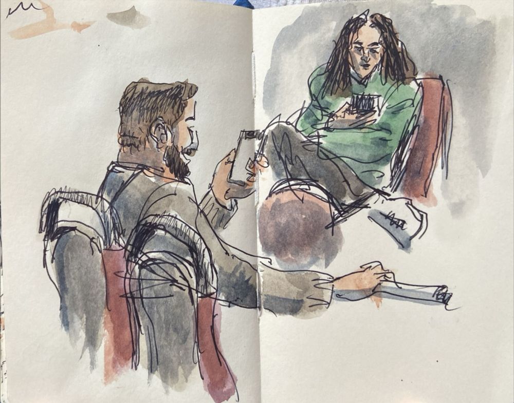 Sketch of a guy FaceTiming in the bus. And a girl looking a her phone. 