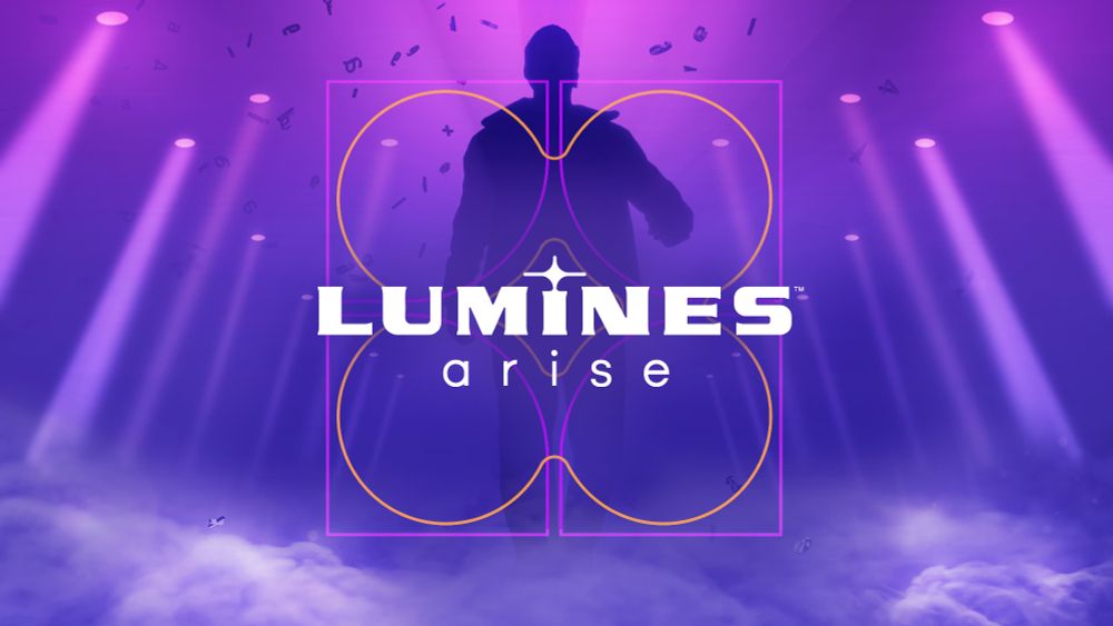 Lumines arise logo on a purple background with spotlights and a dark purple shadow of a person walking in clouds toward the viewer.