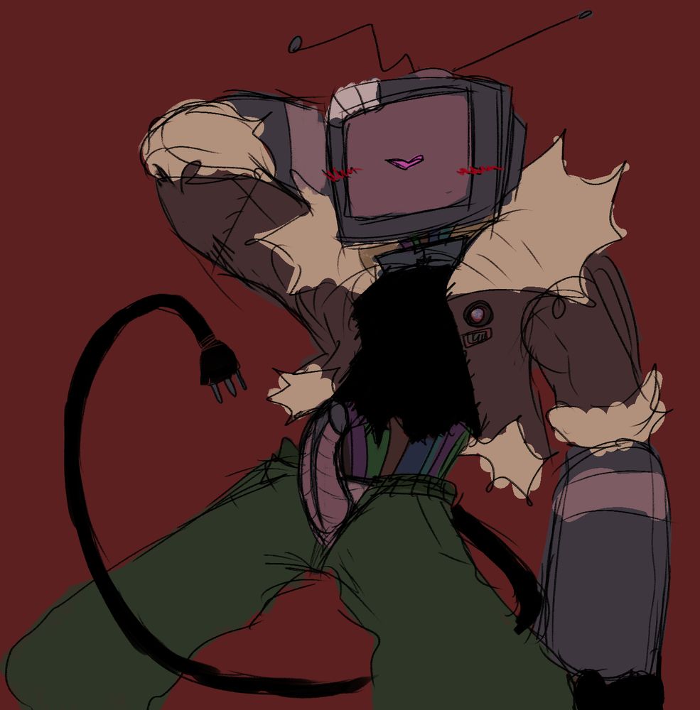 Begin ID. A drawing depicting the original character Pluto, a robot with a TV head, sporting a bandaged top right on its shell and two antennae sticking out of its head, one bent up while the other is straight. A heart on its monitor interprets its emotions and behaves similar to an eye. It wears a stitched jacket with fluffy linings around the neck, arms, and torso, unzipped to reveal a black ripped shirt covering its upper half, with thick multicolor wires exposed. It wears green pants that puff out towards the bottom and has a long plug tail. It is posed with its arm behind its head, legs spread with its pants unzipped, a robotic dick sticking out. Its tail is curled around its leg, and it squints toward the viewer with a pink heart, blushing. End ID.